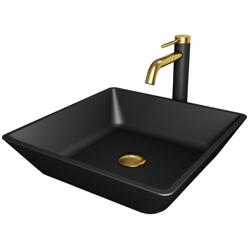 Roma Matte Black Bathroom Sink/Basin Set with Lexington Faucet and Glass Square Vessel Y1241