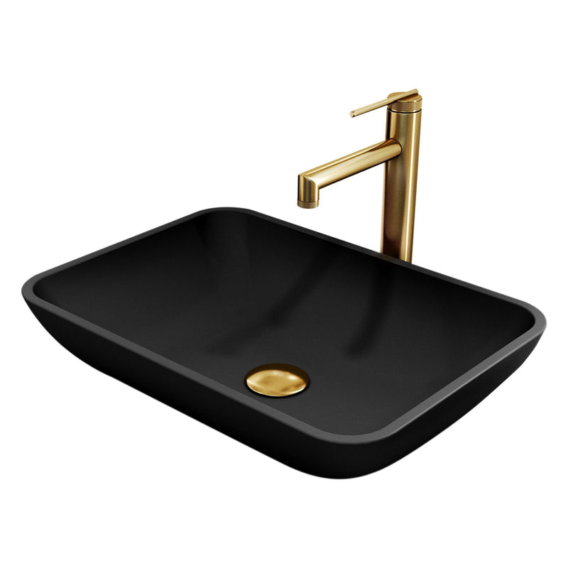 Sottile Matte Black Bathroom Sink/Basin Set with Sterling Faucet and Glass Rectangular Vessel F4304