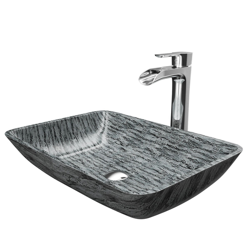 Titanium Glass Slate Grey Bathroom Sink/Basin Set with Niko Faucet and Rectangular Vessel N8252